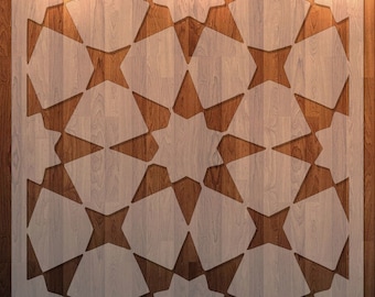 Könnte beinhalten: Eine quadratische Schablone mit einem sich wiederholenden geometrischen Sternmuster. Die Schablone ist hell, mit dem Design ausgeschnitten, um den Holzmaserungshintergrund freizulegen. Der Text "Digital Proof is not scaled to size. Please see specs within attached message for measurements." befindet sich unten.