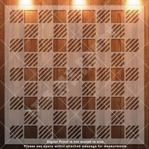 May include: A white stencil with a checkered pattern of diagonal lines. The stencil is on a wood background.