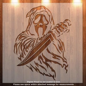 Puede incluir: Un esténcil de madera que presenta una detallada representación de la máscara de Ghostface de la serie de películas de terror Scream, sosteniendo un gran cuchillo. El diseño es en tonos marrones, con el texto "Digital Proof is not scaled to size" en la parte inferior.