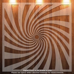 May include: A white stencil with a spiral design, resembling a sunburst or vortex, is displayed against a wooden background. The stencil features a central circular element and radiating curved lines. Text at the bottom reads: "Digital Proof is not scaled to size."