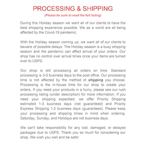 May include: Text explaining processing and shipping times for orders. The text mentions standard processing time is 3-5 business days, and expedited shipping options are available. It also states that the shop is not responsible for delays caused by USPS.