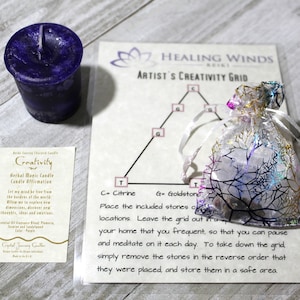 Reiki Charged Artist's Creativity Crystal Grid Kit & Candle - Citrine, Turritella Agate, Goldstone - Increase Creativity, Boost Confidence