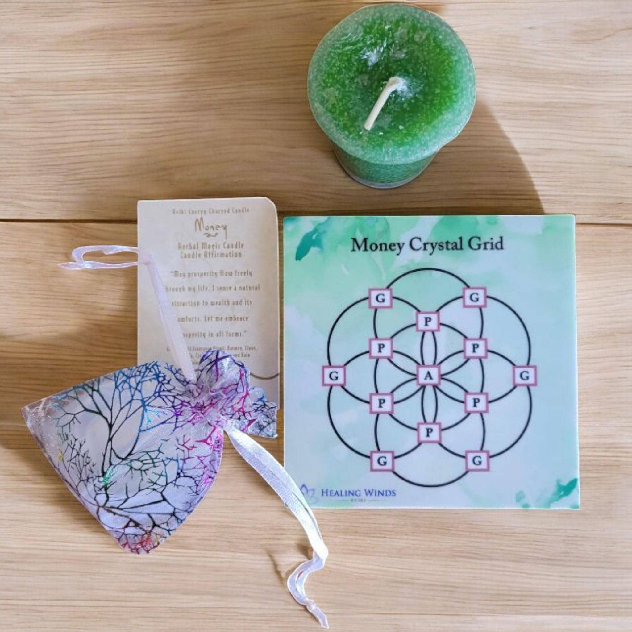 Attract Wealth - Reiki Charged Money Crystal Grid Kit with Candle - Amethyst, Prehnite, Green Aventurine - Travel Size Grid - New Age Gift