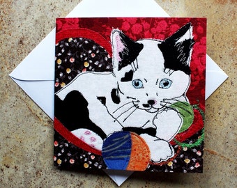 Greeting card, birthday card, cat, black and white kitten,