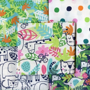 FAT QUARTER BUNDLE with jungle animals. Colourful cotton fabric suitable for craft, sewing and quilting. Hide and Seek by Fabric Palette.