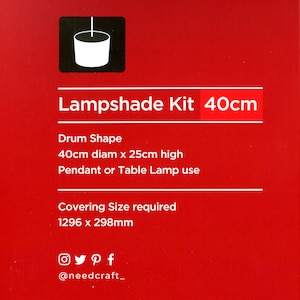 May include: A red background with text for a lampshade kit. The text reads "Lampshade Kit 40cm", with dimensions of 40cm diameter and 25cm high. It is drum-shaped and suitable for pendant or table lamps.