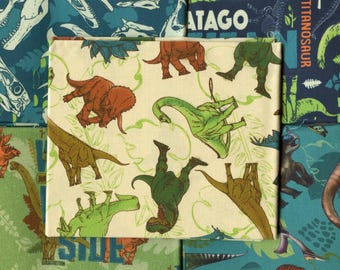 DINOSAUR Cotton Fat Quarter Bundle. Triceratops, T-Rex and Pterodactyl on print.