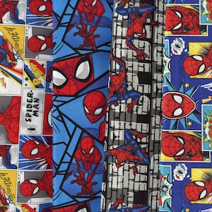 May include: Four different fabric panels featuring a repeated pattern of Spiderman in various poses. The panels are in blue, black, and grey with red, yellow, and white accents. The text "Spider-Man" is printed on one panel.