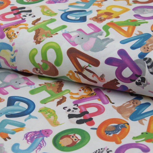 Cotton Fabric. Animal Alphabet Cotton Fabric - Nursery fabric with letters and animals - Quilting - Cute Animal print by Rose & Hubble.
