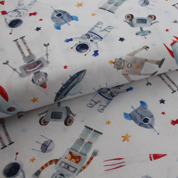 Tessuto in cotone con astronauti e robot. Tessuto per cameretta con astronavi e razzi. Tessuto per bambini OEKO-TEX per cucito e quilting.