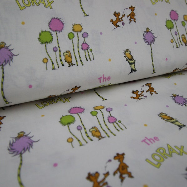 Cotton Fabric. Dr Seuss organic cotton featuring The Lorax, barbaloot bears and truffula trees. Fabric for sewing, quilting & crafts