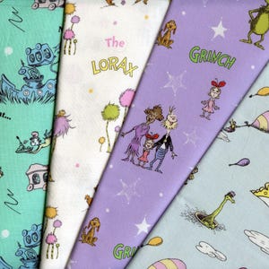 DR SEUSS - Lorax, Grinch, Green Eggs & Ham and Oh! The Places You&#39;ll Go. Organic cotton fabric featuring characters from Dr Seuss books.