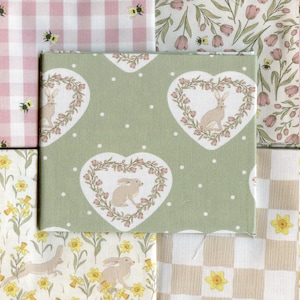 SPRING HARE cotton fabric. Easter themed cotton fat quarter bundle with hares, bees, tulips & daffodils Perfect for sewing, quilting, sewing