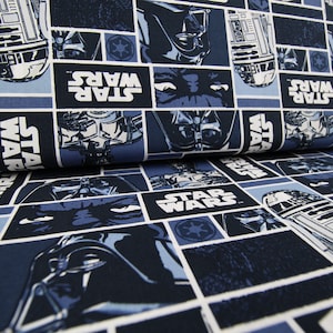 Tessuto di cotone con blocchi classici di STAR WARS raffiguranti Darth Vader, R2 D2, C-3PO e Wedge Antilles. Può essere utilizzato per cucire, trapuntare e altro.