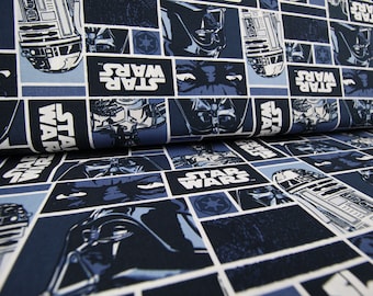 May include: A blue and white fabric with a repeating pattern of Star Wars characters and the words "Star Wars".