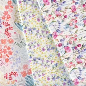 WATERCOLOUR FLOWERS fabric collection. Beautiful floral quilting cotton with purple & pink flowers, chamomiles, blue bells and more.
