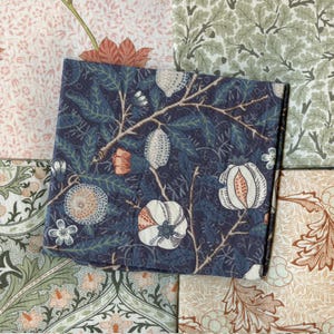 SWEET SYMPHONY de William Morris. Diseños florales clásicos del Victoria & Albert, estampados en algodón orgánico. Se vende en paquetes surtidos de un cuarto de grasa o por metro.