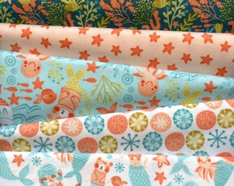 Tessuto di cotone "Amici Sirene": materiale per quilting con animali marini