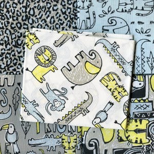 FAT QUARTER BUNDLE with jungle animals. Colourful cotton fabric suitable for craft, sewing and quilting.  Jungle friends by Fabric Palette.