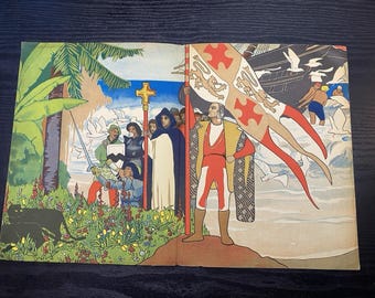 Antique Italian Art Deco Folding Book Plate c1920s Maritime Exploration Print