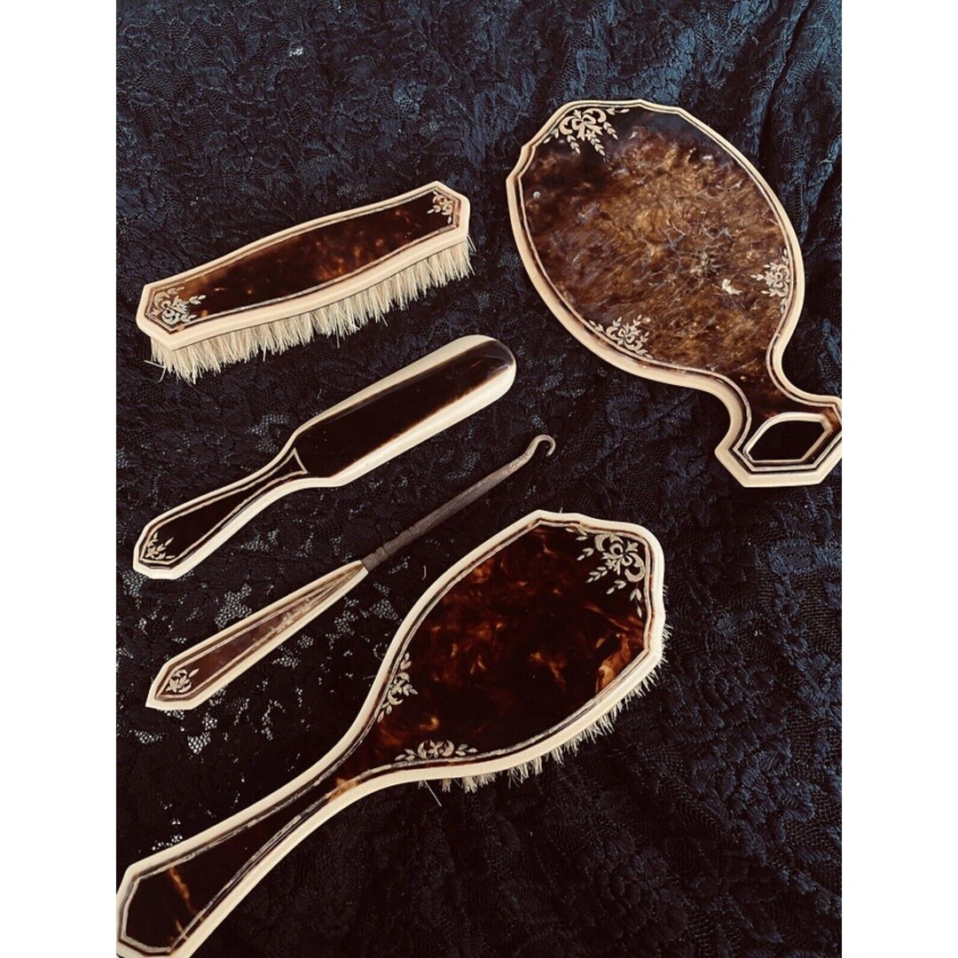 Antique celluloid vanity set , mirror and brush , Antique Celluloid Vanity Set - 5 Piece - Early 1900s  main image 2