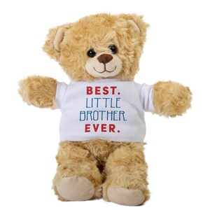 May include: A brown teddy bear wearing a white t-shirt with the text "BEST. LITTLE BROTHER. EVER." in red and blue lettering.