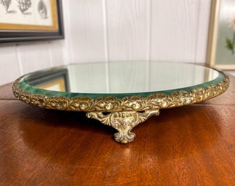 Antique Round Footed 10” Vanity Mirrored Footed Tray