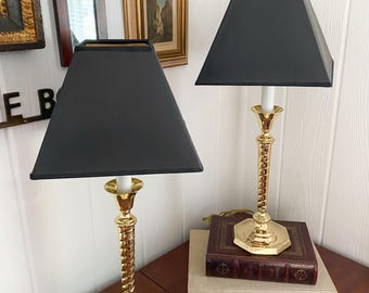 Vintage Pair Tall Brass Candlestick Buffet Table Lamps with Gold and Black Shades