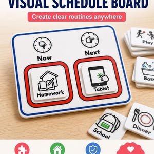 May include: A white visual schedule board with blue borders featuring two main slots labelled Now and Next. It includes interchangeable square cards with icons and text for activities like Homework, Tablet, School, Dinner, Play, and Bath.