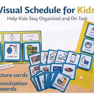 May include: A visual schedule for children, featuring the text "Visual Schedule for Kids" and "Help Kids Stay Organized and On Task". The set includes 36 picture cards and 2 communication boards. The cards depict various daily activities.