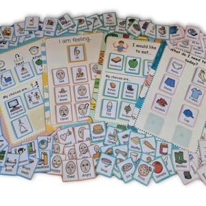 May include: A set of colorful picture cards with various images, including clothing, food, activities, and emotions. The cards are organized into four categories: "What do I need to wear today?", "I am feeling", "I would like to eat", and "My choices are".