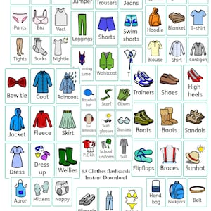 Può includere: Un set di 63 flashcard colorate che rappresentano diversi capi di abbigliamento, tra cui pantaloni, camicie, scarpe, accessori e abbigliamento da esterno. Le flashcard sono etichettate con il nome di ogni capo di abbigliamento.