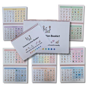 May include: A set of ten communication booklets with colourful covers and spiral binding. Each booklet features a different category of images, such as daily routines, food, and clothes. The cover of the main booklet says "Communication Booklet" and "Help express needs and wants easily".