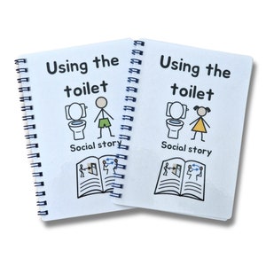 May include: Two spiral bound books with white covers and black illustrations. The covers of both books say "Using the toilet" and "Social story". One book has a stick figure of a person using the toilet and the other book has a stick figure of a person using the toilet.