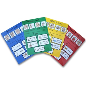 Op de afbeelding: Vier kleurrijke kaarten met de tekst "Als ik me voel..." en "Ik kan..." worden weergegeven. Elke kaart bevat verschillende emoties en bijbehorende acties, met illustraties. De kaarten zijn blauw, groen, geel en rood.