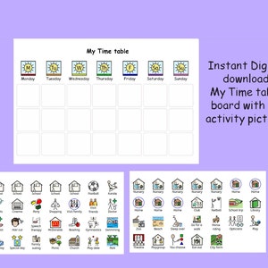 Op de afbeelding: Directe digitale download van een tijdschema met 54 activiteit afbeeldingen. Het witte bord toont "My Time table" en vakken voor elke dag van de week. De afbeelding bevat verschillende activiteit iconen.