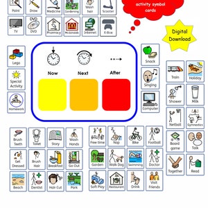 Tableau Aujourd'hui et après avec 100 cartes d'activités 5 cm x 4,5 cm - Autisme, BEP, Maintenant et après, aide visuelle - Téléchargement numérique