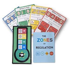 May include: Educational resources for emotional regulation, including a spiral-bound book titled "The Zones of Regulation" and cards. The cards display various emotional states with corresponding coping strategies, using illustrations and text.