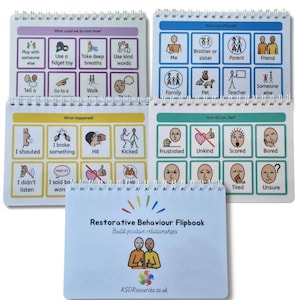 May include: A blue and white flipbook titled "Restorative Behaviour Flipbook: Build positive relationships" with illustrations of people and various emotions. The flipbook is divided into four sections: "What could we do next time?", "Who was affected?", "What happened?", and "How did you feel?"