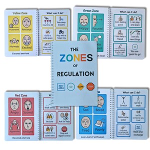 May include: A spiral-bound educational book titled "The Zones of Regulation." It features pages with illustrations of emotions such as "Happy," "Angry," and "Sad," alongside coping strategies. The cover displays the title and zone symbols.