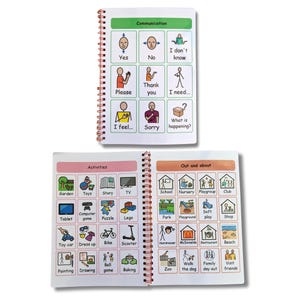May include: A pink and orange spiral bound book with two pages open. The left page has the title "Activities" and shows pictures of activities like playing with toys, reading a story, playing a computer game, riding a bike, and baking. The right page has the title "Out and about" and shows pictures of places like school, nursery, playground, park, and the beach.