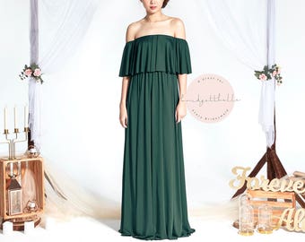 BB Acadia in Forest Green 2 Way Off the Shoulder Floor length Convertible Boho Bridesmaid Maxi dress Wedding Prom dress