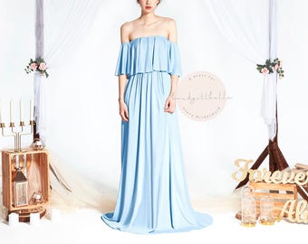 BB Acadia in Powder Blue 2 Way Off the Shoulder Floor length Convertible Boho Bridesmaid Maxi dress Wedding Prom dress