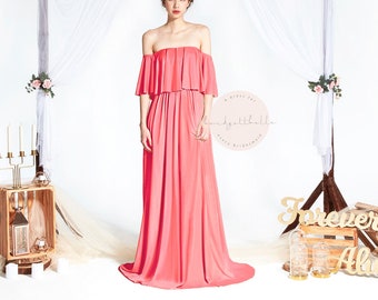 NEW! BB Acadia in Coral Pink 2 Way Off the Shoulder Floor length Convertible Boho Bridesmaid Maxi dress Wedding Prom dress
