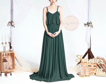 BB Cadee in Forest Green Strappy Floor length Convertible Boho Bridesmaid Maxi dress Wedding Prom dress
