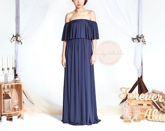 BB Acadia in Navy Blue 2-Wege-Weg aus der Schulter bodenlangen Cabrio Boho Brautjungfer Maxi Kleid Hochzeit Abendkleid