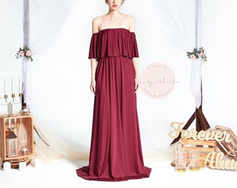 BB Acadia in Wine Red 2 Way Off the Shoulder Floor length Convertible Boho Bridesmaid Maxi dress Wedding Prom dress