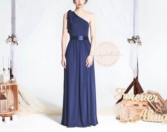 BB Daeva in Navy Blue One shoulder Toga Floor length Boho Bridesmaid Maxi dress Wedding Prom dress