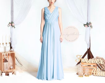 BB Blair in Powder Blue V neck Drape Floor length Boho Bridesmaid Maxi dress Wedding Prom dress