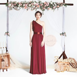 BB Daeva in Wine Red One shoulder Toga Floor length Boho Bridesmaid Maxi dress Wedding Prom dress